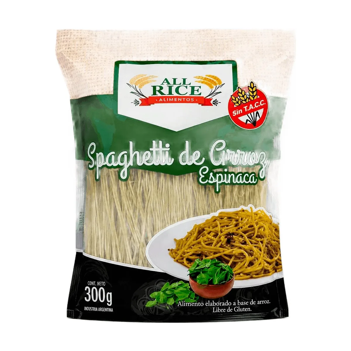 All Rice - Spaghetti de arroz espinaca x 300 gr