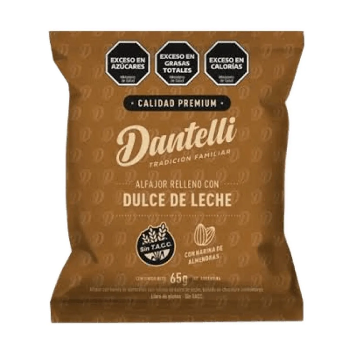 Dantelli - Alfajor de chocolate con harina de almendras relleno de dulce de leche x 65 gr