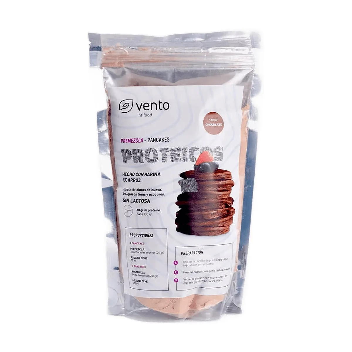 Vento - Premezcla para pancakes proteicos con harina de arroz sabor chocolate x 450 gr