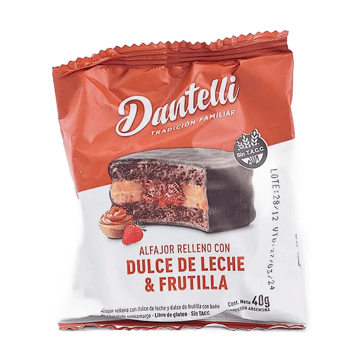 Dantelli - Alfajor de chocolate relleno de dulce de leche y frutilla x 40 gr