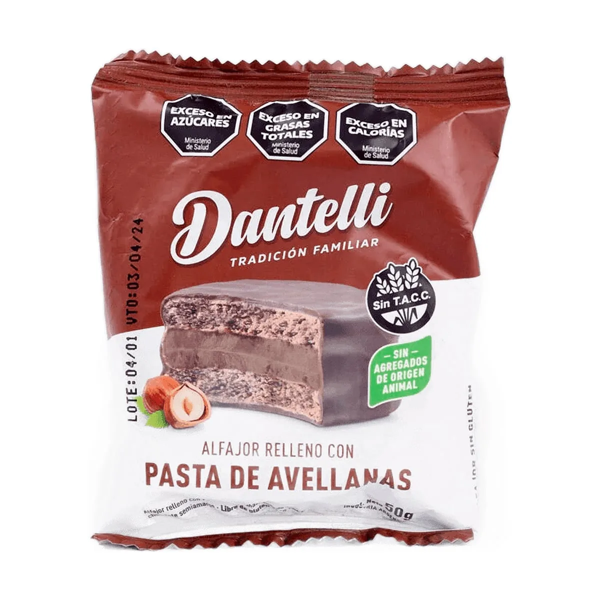 Dantelli - Alfajor vegano de chocolate relleno con pasta de avellanas x 50 gr