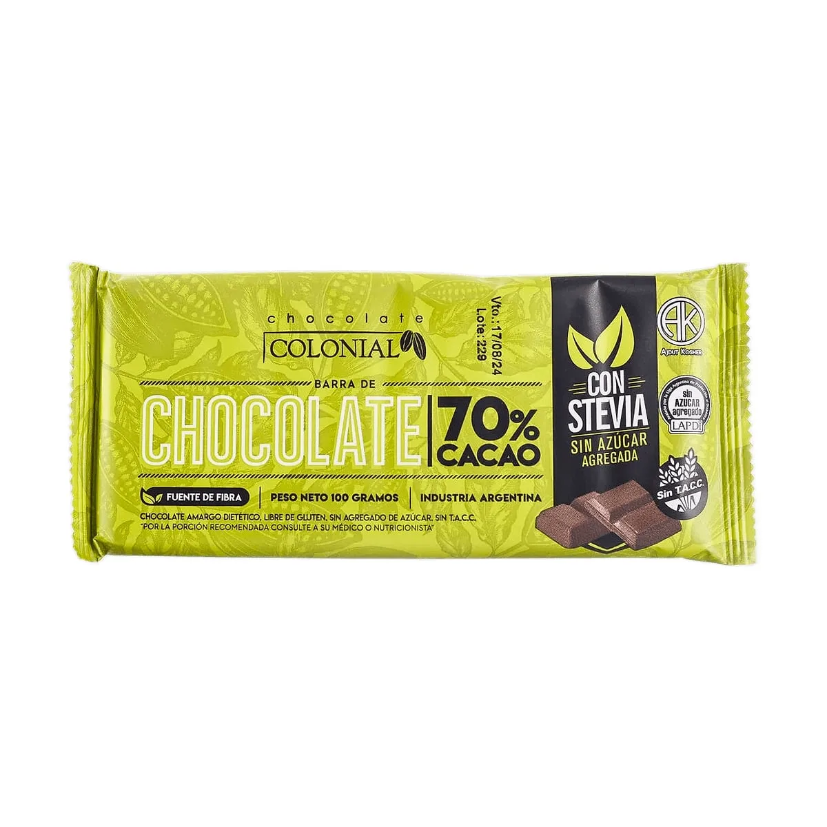 Colonial - Barra de chocolate c/stevia 70% cacao x 100 gr