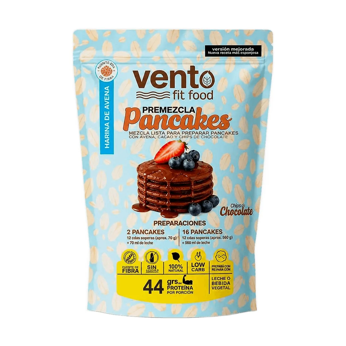Vento - Premezcla para pancakes proteicos con harina de avena sabor chocolate x 450 gr