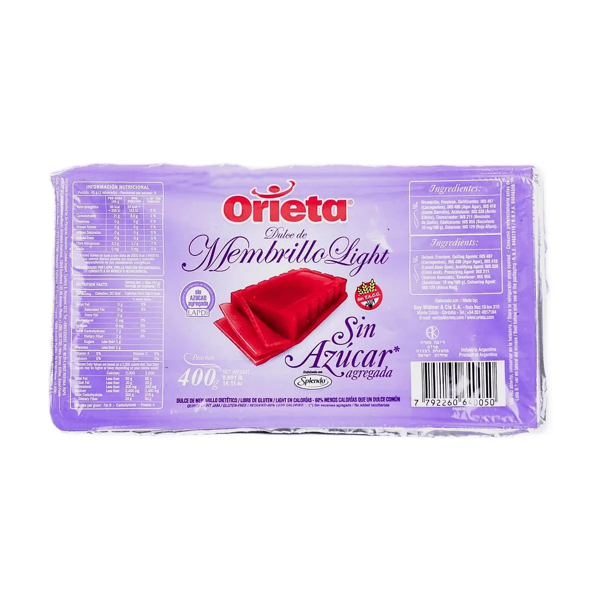Orieta - Dulce de membrillo sin azucar x 400 gr