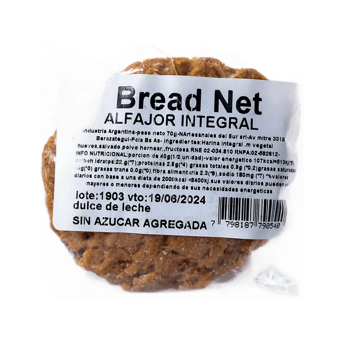 Bread Net - Alfajor artesanal integral de dulce de leche sin azúcar x 70 gr