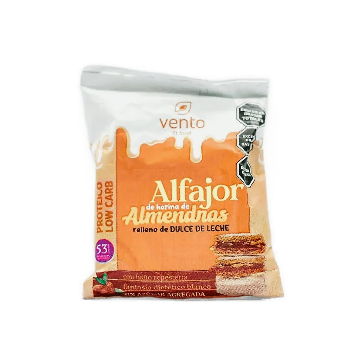Vento - Alfajor fit de almendras relleno con dulce de leche y cubierto con chocolate blanco
