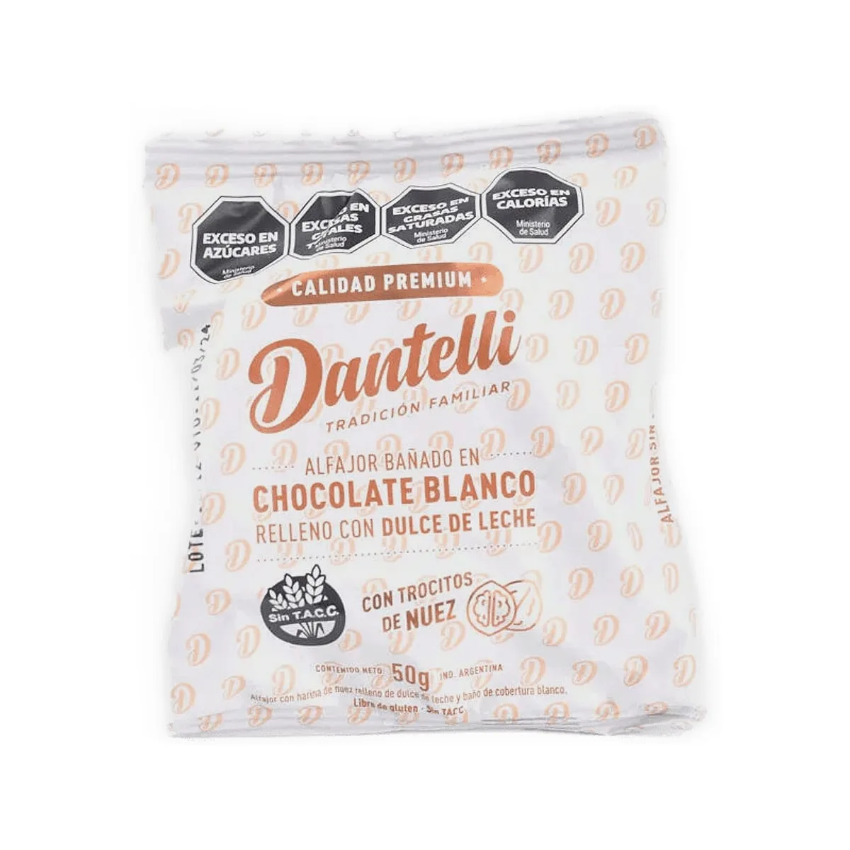 Dantelli - Alfajor de chocolate blanco con trocitos de nuez relleno con dulce de leche x 50 gr