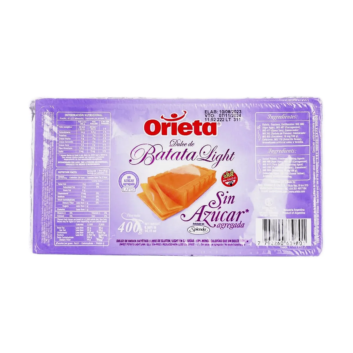 Orieta - Dulce de batata sin azucar x 400 gr