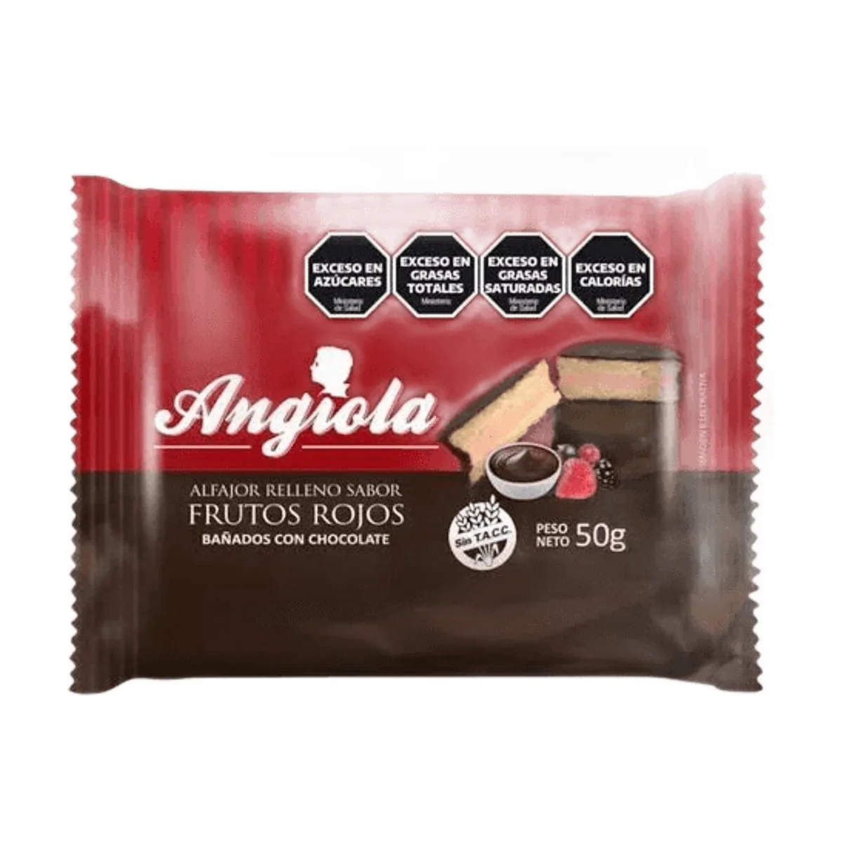 Angiola - Alfajor sabor frutos rojos bañado con chocolate x 50 gr