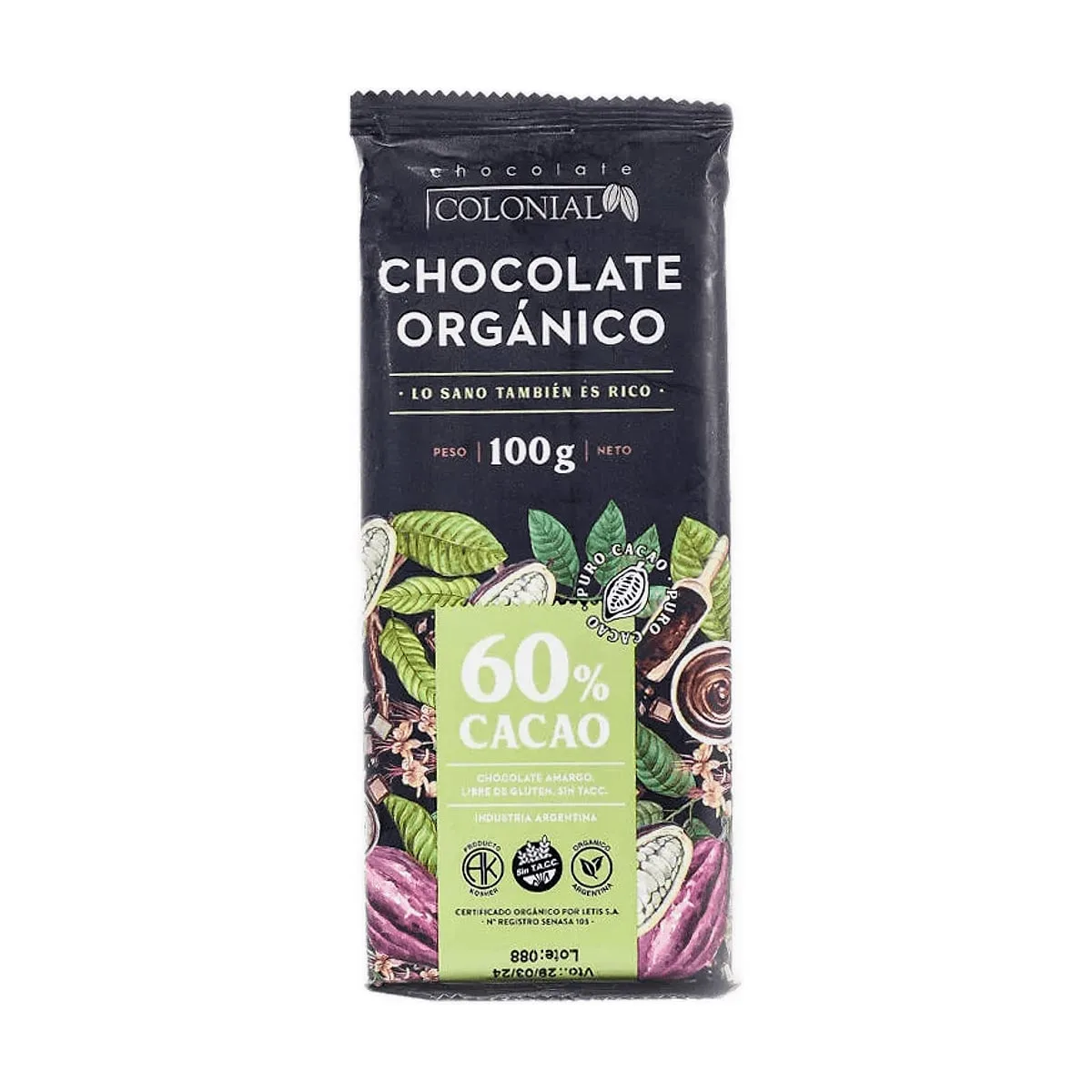 Colonial - Barra de chocolate orgánico 60% cacao x 100 gr